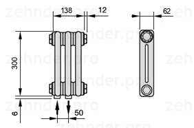 Схема (чертеж) Радиатор Zehnder Charleston 2030/3 №3470 Белый глянцевый RAL 9016